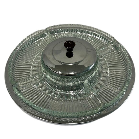 Vintage Kromex Lazy Susan Revolving Serving Platter Glass Inserts Chrome Base - Picture 1 of 12